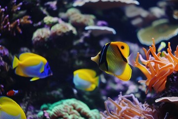 Canvas Print - A group of fish swimming in a tank with plants and rocks