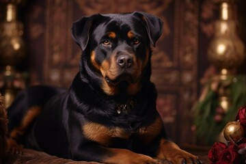 Wall Mural - Portrait of a cute rottweiler in scandinavian-style interior background