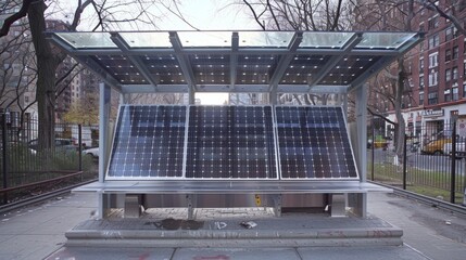 A view from the back of a solarpowered bus shelter showing the panels angled to capture maximum sunlight.