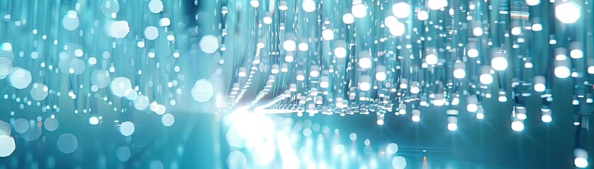 Low-angle view of an ultra-modern LED chandelier, shining in radiant blues and whites, photorealistic detail, incorporating reflective surfaces, digital artistry