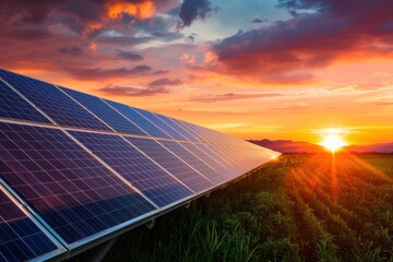 A solar panel farm basks in the golden light of a dramatic sunset, showcasing the power of renewable energy.