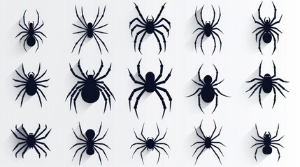 A close-up shot of multiple black spider silhouettes against a clean white background, great for illustrations and designs