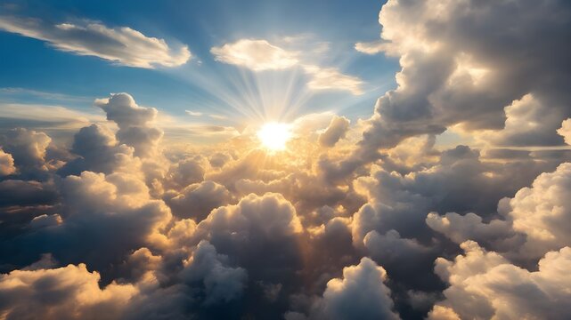 A breathtaking aerial view of the sun peeking through the fluffy white clouds.