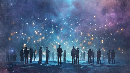 silhouetted figures connected by glowing lines on a dark blue background, concept of network or social connectivity.