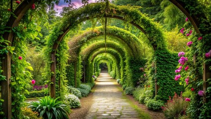 Wall Mural - Tranquil garden pathway lined with greenery, leading through an enchanting archway, greenery, garden, pathway, tranquil