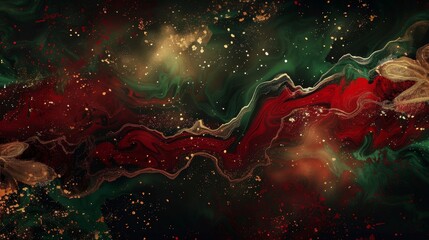 Wall Mural - fluid marbled textures in deep red and green with gold veins and glowing specks. background