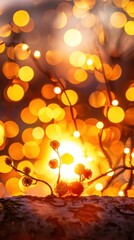 Wall Mural - Abstract bokeh background with warm orange glow and glowing twig silhouettes.