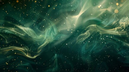 Starry background with green and silver smoke patterns and gold light dots. background