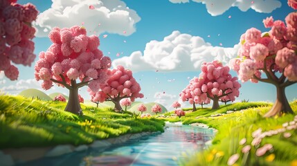 Wall Mural - several cherry trees landscape illustration poster background