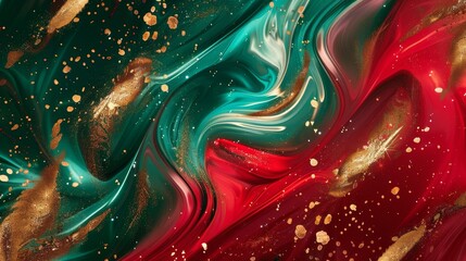 Swirling crimson and green textures with golden accents and diffuse light beams. background