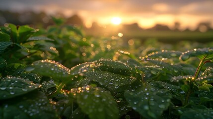 Wall Mural - Magical Morning Dew on Lush Foliage at Sunset in Serene Meadow Landscape