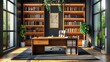 © CHAKKAPONG - A stylish home office with a large desk, a comfy chair, and a bookshelf, illustration background