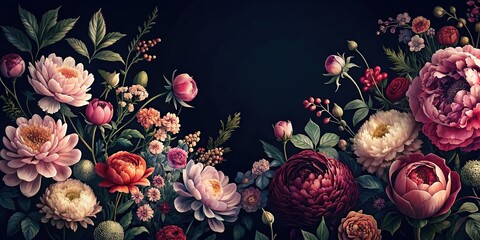 Wall Mural - Dark floral pattern with repeated peony, poppy, and rose flowers in a garden at night, peony, poppy, rose, floral, dark