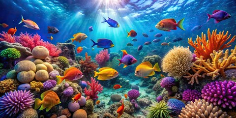 Wall Mural - Vibrant underwater world with colorful fish swimming among intricate coral reefs, underwater, scenery, beautiful, fish