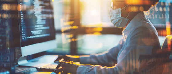 Wall Mural - a tech professional in a protective mask works at a computer, images of codes and data reflections c