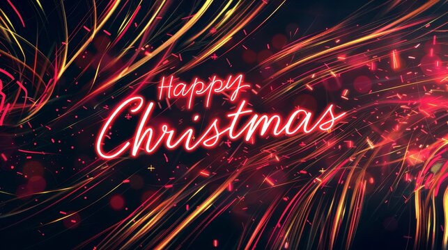 Dynamic gold-red metallic abstract with neon lights and Happy Christmas background