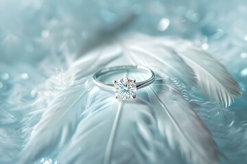 elegant diamond ring placed on white feather wings of angel, symbol of pure love, jewelry wedding concept, heaven soft blue color theme, engagement or marriage wallpaper, romantic banner design