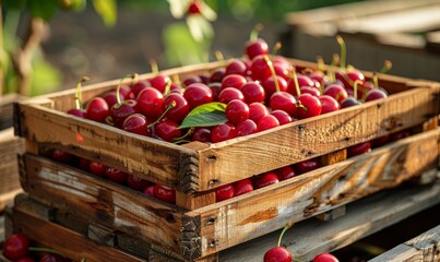 Canvas Print - Freshly picked cherries in a wooden crate
