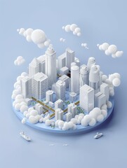 3D city island with skyscrapers and fluffy clouds, surrounded by water and boats, on a pastel blue background.