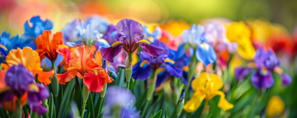 Blooming garden with colorful irises