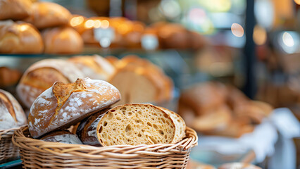 Wall Mural - Sourdough bread in a wicker basket at the bakery shop