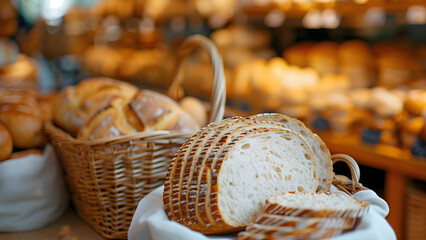 Wall Mural - Sourdough bread in a wicker basket at the bakery shop