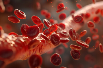 premium, powerful 3d of human blood cells in a minimal, virtual artery, illustrating flow and functi