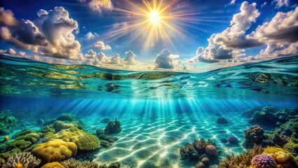 Underwater seascape with vibrant marine life and sunlight filtering through crystal clear water