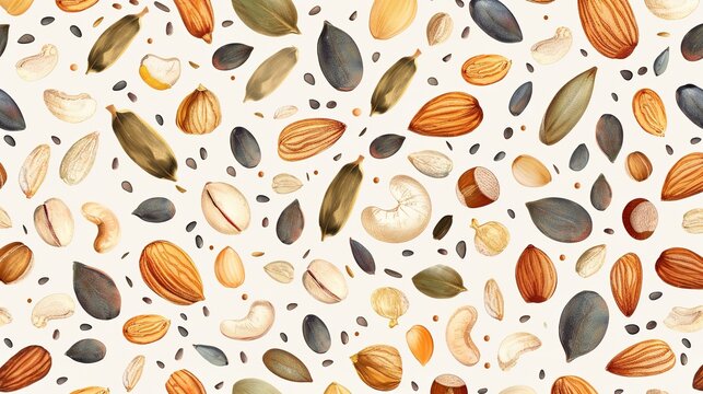 An illustration of various roasted nuts as a seamless pattern on plain soft peach color backdrop for background or printing purpose, Generative AI.