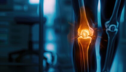 Close-up of a glowing knee joint illustration highlighting inflammation or injury, demonstrating medical or anatomical concepts in a high-tech environment.