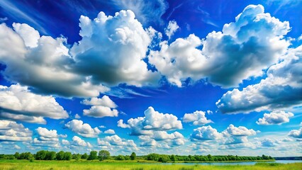 Wall Mural - Scenic landscape with fluffy clouds in a clear blue sky, nature, scenery, picturesque, atmospheric, beauty, serene, tranquil