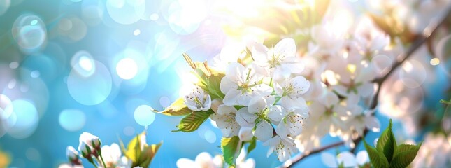 Wall Mural - Beautiful blooming cherry tree flowers, blurred blue sky and sunlight.