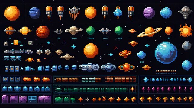 An 8bit pixel art game asset collection, featuring space planets, rockets, and starcraft, alongside a vector font and pixelated game buttons.