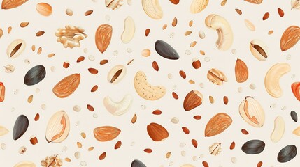 Wall Mural - An illustration of various roasted nuts as a seamless pattern on plain soft peach color backdrop for background or printing purpose, Generative AI.