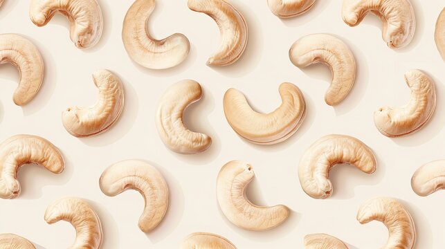 An illustration of cashew nuts as a seamless pattern on plain backdrop for background or printing purpose, Generative AI.