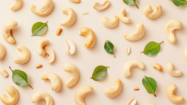 An illustration of cashew nuts as a seamless pattern on plain backdrop for background or printing purpose, Generative AI.