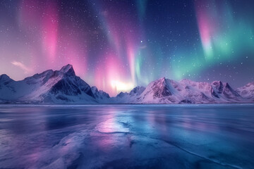 aurora lights over famous mountains. reflection in the clear water on the epic skies background, ice
