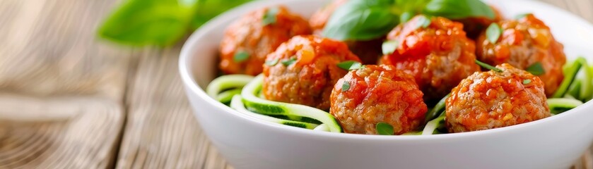 Wall Mural - delicious meatballs with zucchini noodles and tomato sauce in white bowl.