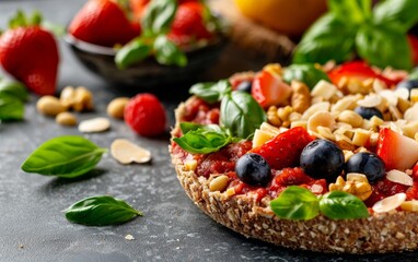 delicious strawberry and blueberry tart with almond flakes, walnuts and basil - close up, food photography.