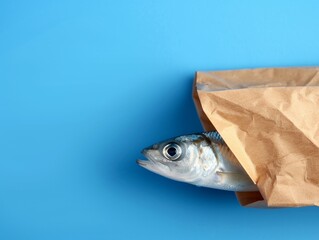fresh fish peeking out of a paper bag on blue background.