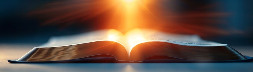 open holy bible with glowing light shining from pages - religious faith concept.