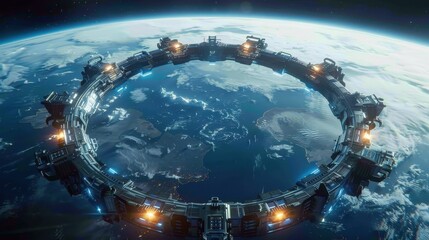 Futuristic space station orbiting Earth, showcasing cutting-edge technology and breathtaking views of our planet from space.