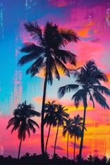 Wall Mural - A colorful sunset on a tropical ocean beach with coconut palm tree silhouettes.