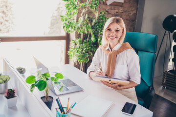 Sticker - Photo of attractive young woman write notebook dressed trendy clothes executive business leader comfort beautiful office interior