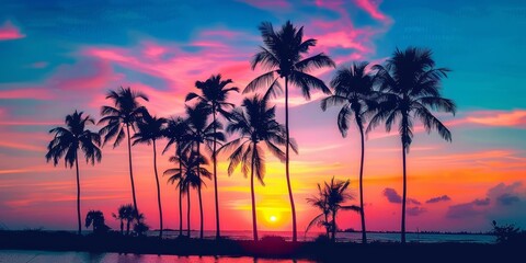 Wall Mural - A colorful sunset on a tropical ocean beach with coconut palm tree silhouettes.