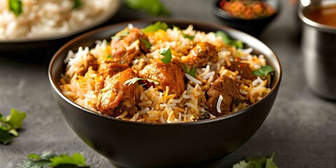 Wall Mural - Indulge in the fragrant Chicken Biryani with basmati rice, meat curry, and spices. Concept Indian Cuisine, Chicken Biryani, Basmati Rice, Meat Curry, Spices