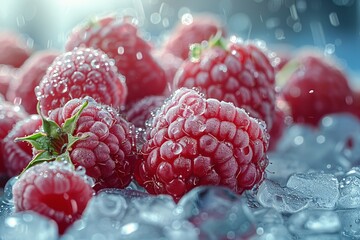 Wall Mural - A pile of raspberries resting on a bed of ice cubes