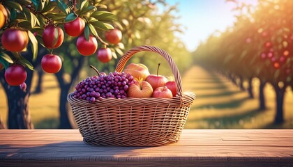 Wall Mural - basket of fruits on a wooden table and fruit trees on background
