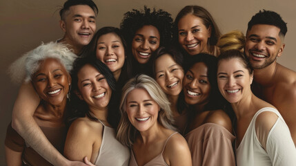 Wall Mural - A diverse group of people, radiating happiness and unity, pose closely together, their friendly faces beaming with smiles and shared joy.