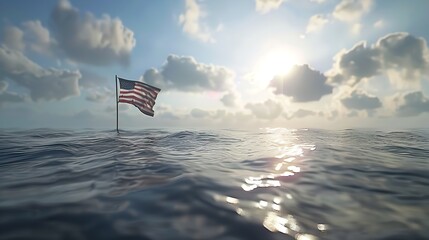 American flag waving in the wind while on the ocean